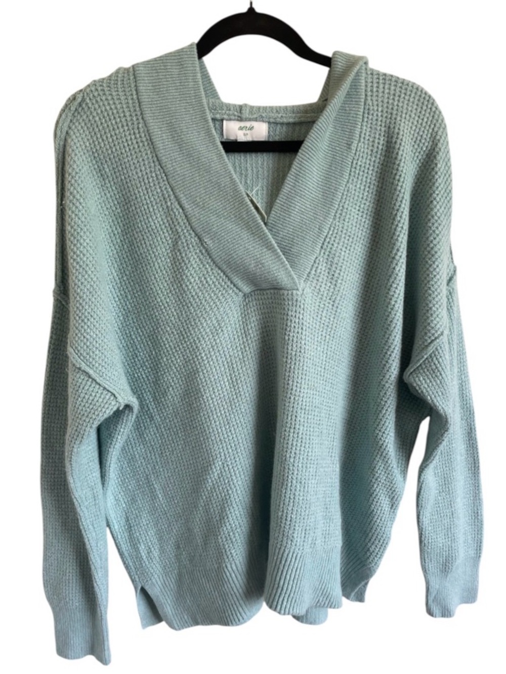 Aerie CozyUp Waffle Knit V-Neck Hoodie Sweater Seafoam Green NWT